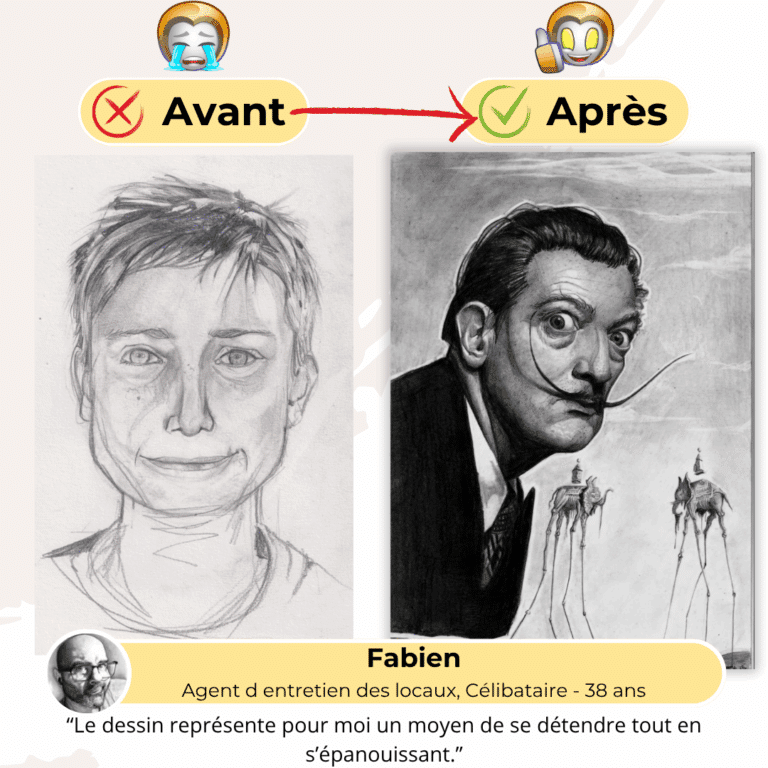 Témoignage avant-après de Fabien, 38 ans : progression du portrait simple vers reproduction complexe de Salvador Dalí