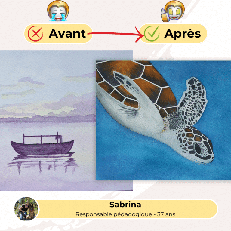 Témoignage avant-après de Sabrina, responsable pédagogique 37 ans : évolution du bateau simple vers tortue marine réaliste
