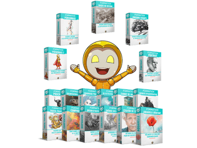 Collection complète de toutes les formations disponibles avec mascotte Océ au centre, montrant la diversité des cours
