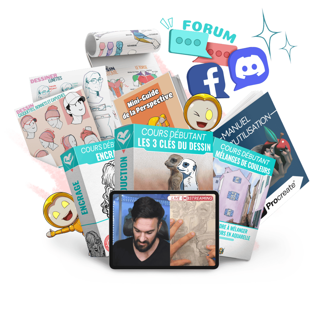 Bundle des contenus AAD gratuits - kits de dessin - formations gratuites - live communautaire - ebook - manuel procreate - guide perspective