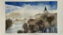 Paysage hivernal avec maisons et arbres sous la neige, technique de dessin aquarelle