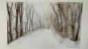 Paysage hivernal avec route et arbres nus, technique de dessin réaliste