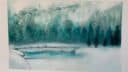 Paysage abstrait avec des tons verts et bleus, technique de dessin aquarelle