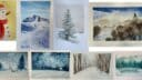 Collage de dessins d'hiver avec des arbres et des paysages neigeux