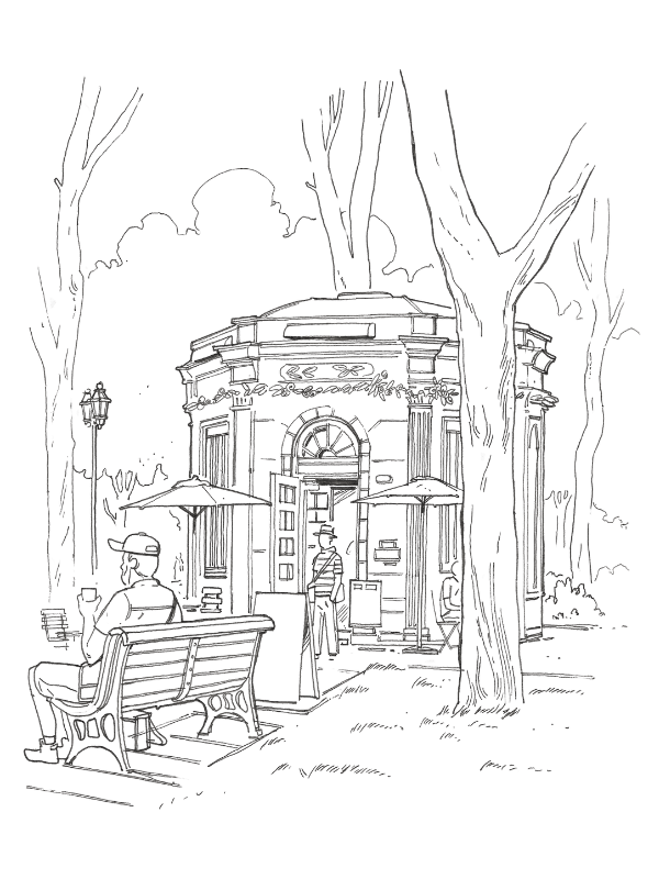 Illustration d'un kiosque entouré d'arbres et de bancs dans un parc
