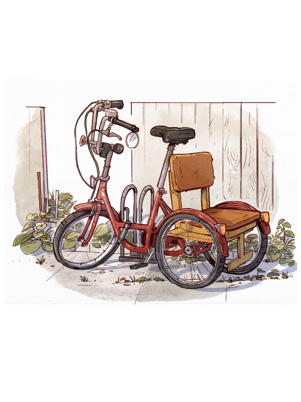 Illustration d'un tricycle rouge avec un siège en bois sur un fond de jardin