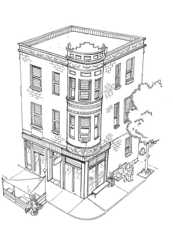 Illustration d'un bâtiment avec des détails architecturaux et un arbre