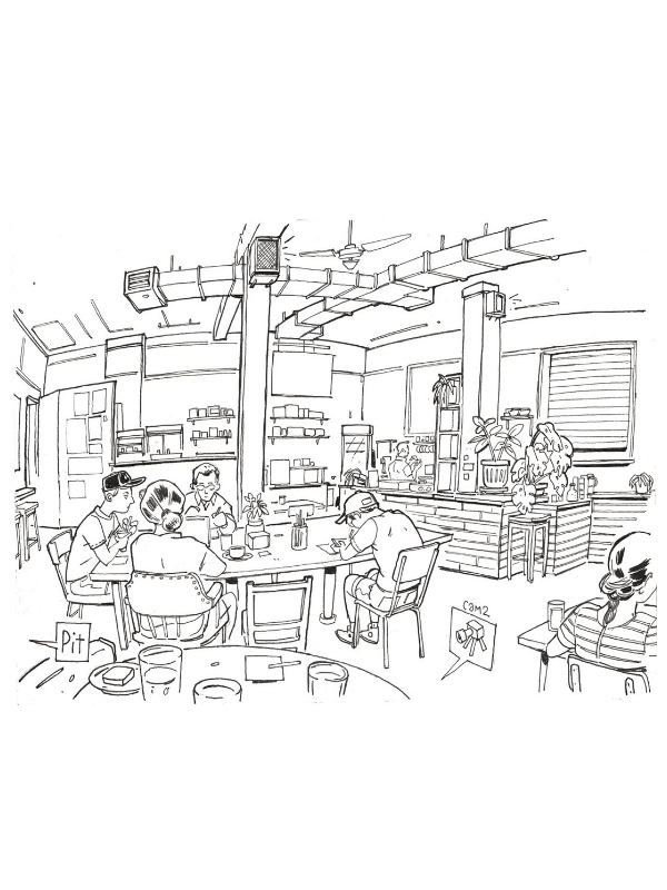 Illustration d'un café avec des personnes assises et un bar.