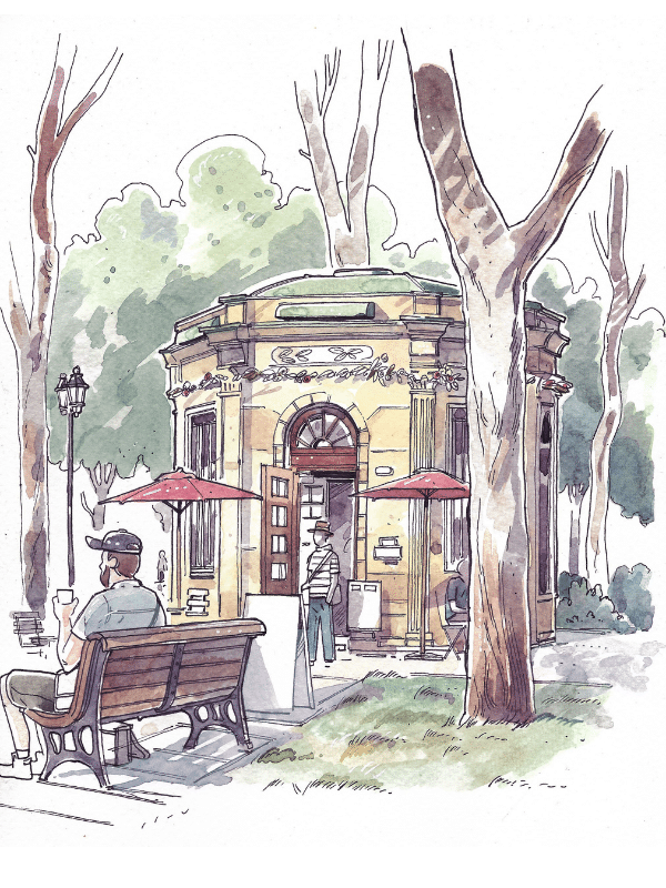 Illustration d'un kiosque avec des tables en extérieur et des arbres autour