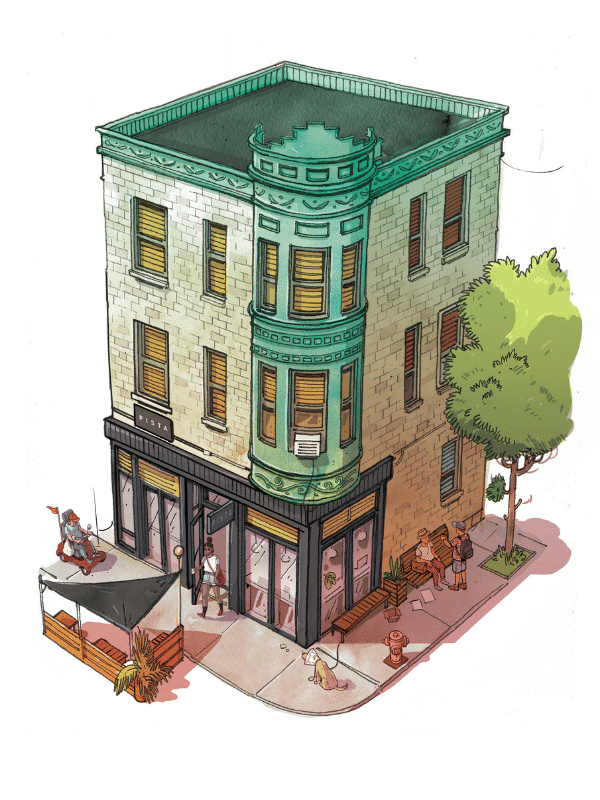 Dessin d'un bâtiment avec des personnes et un arbre autour