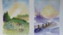 Deux aquarelles représentant un paysage et un chemin sous le soleil