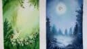 Aquarelles représentant un paysage verdoyant et un paysage nocturne avec lune