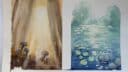 Deux aquarelles représentant des champignons et des nénuphars dans un paysage