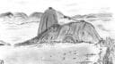 Croquis en noir et blanc du Pain de Sucre avec paysage environnant