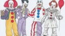 Dessin de quatre clowns avec des costumes variés et colorés