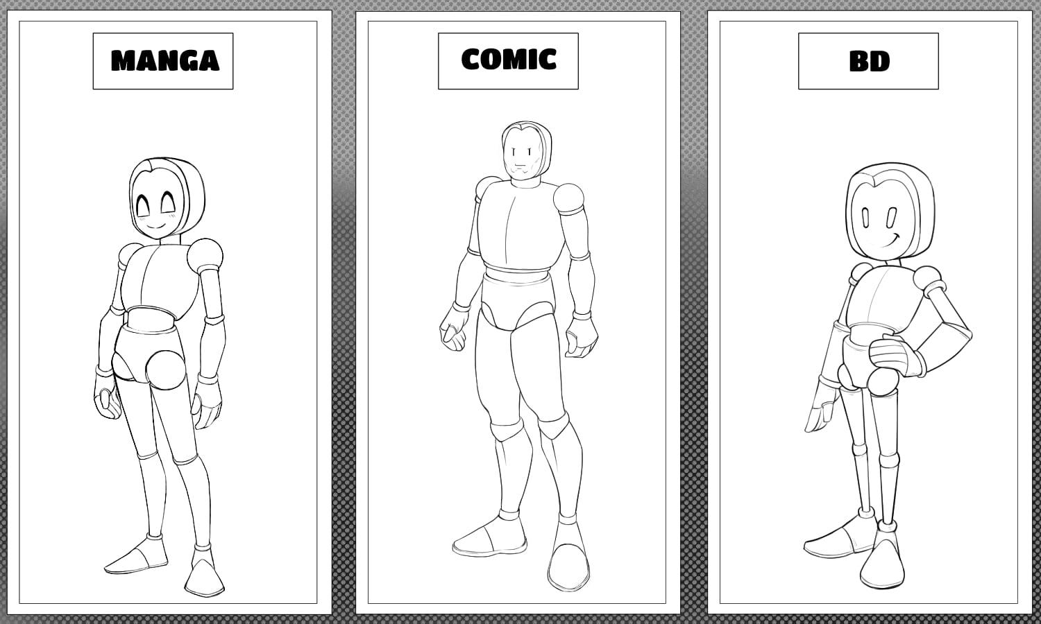 Le personnage Oce dessine en 3 styles BD cote a cote : manga, comics US et franco-belge