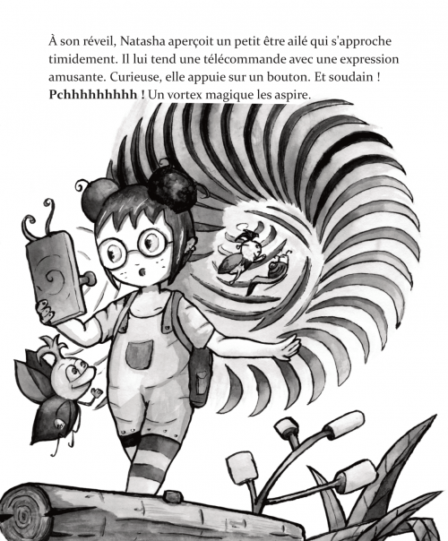 Extrait du livre 'Les aventures magiques de Natacha et Suit' montrant un dessin à l'encre de Natacha découvrant un vortex magique